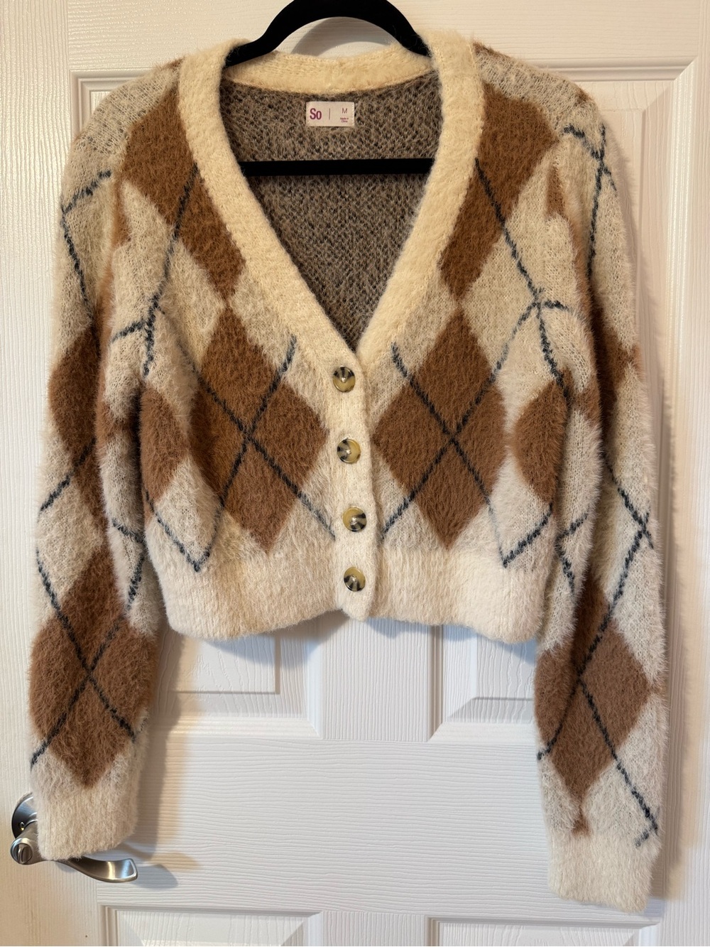 SO Cream and Brown Argyle V-Neck Fuzzy Cardigan
